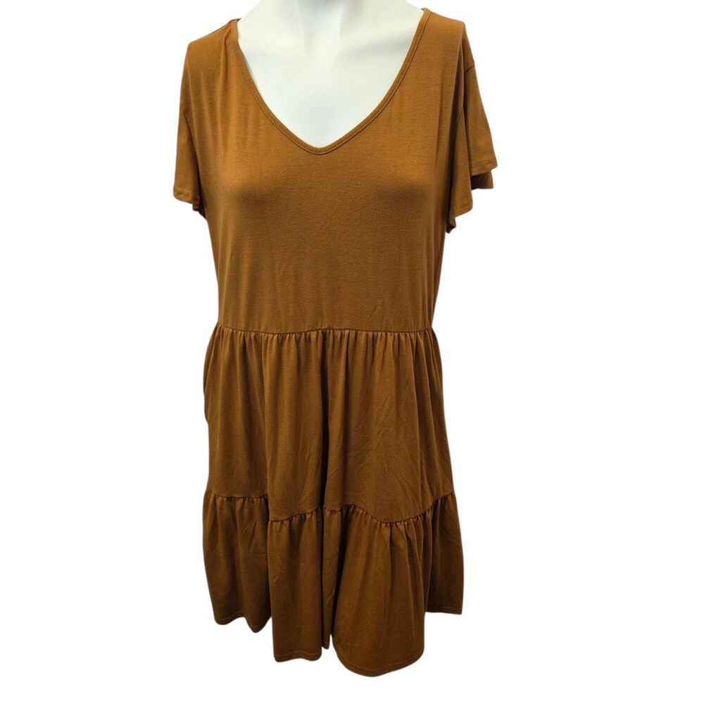 HOTOUCH‎ Brown Tiered Dress L Short Sleeve V Neck Casual Babydoll Mini